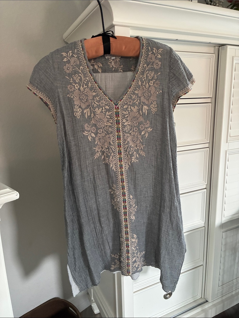 Johnny Was Gray Embroidered V-Neck Midi Dress with Multicolor Trim